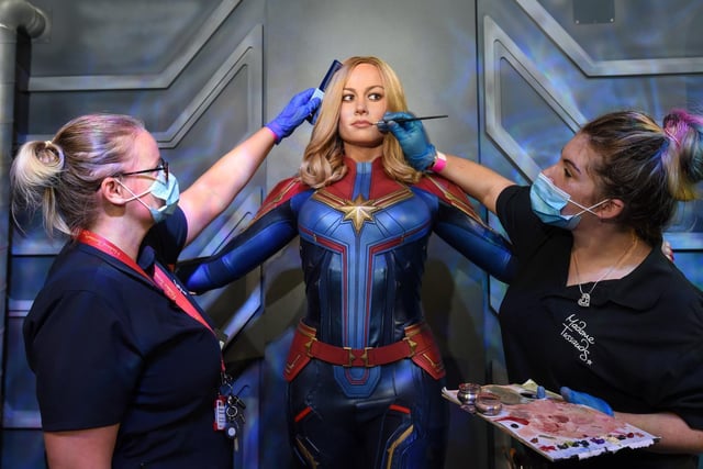Anna Keelan and Emma Meehan with Captain Marvel at Madame Tussauds, Blackpool