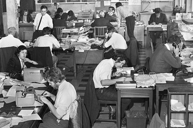The cluttered editorial department of the Post and Chronicle newspaper at Brock Mill in Leyland Mill Lane in 1971.
