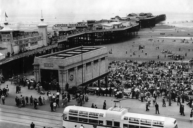 Central Pier, beach and lifeboat house, June 1962 The Tommy Trinder show is advertised on the pier.