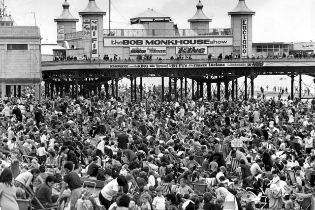 Thousands of beach lovers take to their deck chairs below Central Pier in 1965, when the summer show headliners were Bob Monkhouse, Mike Yarwood and Neville King.