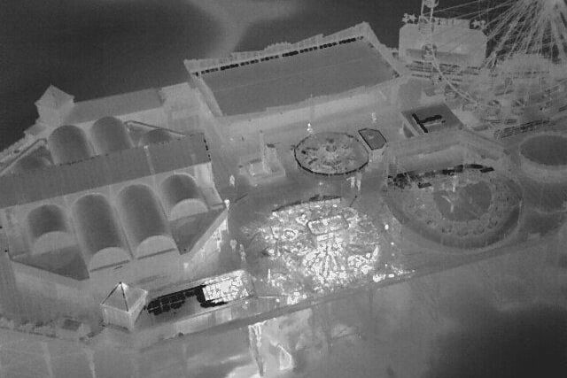 Thermal imaging shows the spread of the fire between the waltzers and a workshop on the pier.