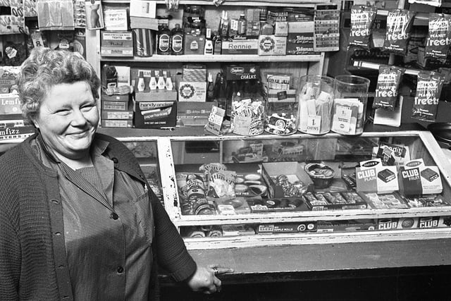 Molly Dandy in her sweet shop and newsagents on Broad o'th Lane, Shevington, where she had lived and worked for 33 years in April 1972.