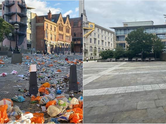 Before and after: the scene in Leeds city centre