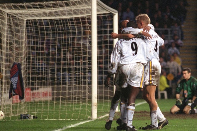 Rod Wallace is mobbed after scoring at St James's Park as the Whites proved a point.