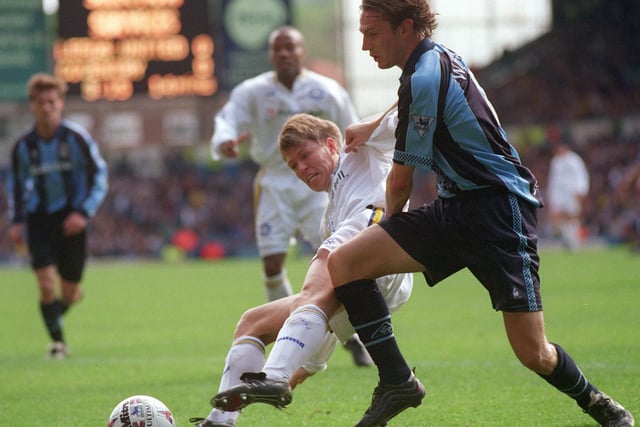 The Whites and the Sky Blues shared six goals in the penultimate home game of the season at Elland Road. Pictured is Gunnar Halle battling with Noel Whelan.