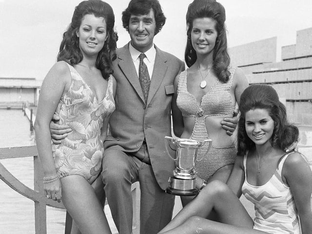 Top beauty star Wendy Ann George, a 21-year-old landlord's daughter from Littleover, Derbyshire, was elected "Miss Fleetwood". She is pictured above holding her trophy, alongside runners-up Eileen Ashburn, from Fleetwood and Diane Thomas, of Birmingham