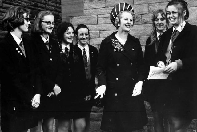 The Secretary of State for Education and Science, Margaret Thatcher, chats to some of the girls after presenting the Elmslie School speech day prizes in the Holy Trinity Church Hall, South Shore