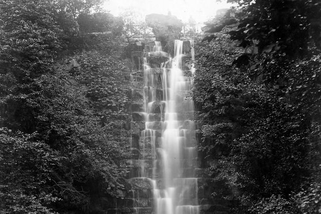 Circa 1880s. The waterfall at Roundhay Park, located at the southern edge of Waterloo Lake. Taken between 1880 and 1890 by Manchester printer John Lees Sykes.