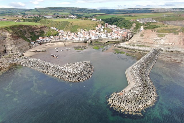 Looking into Staithes Harbour, and beyond, the site of ICL Potash at Boulby