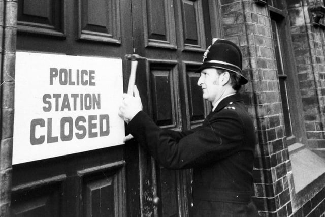 Sign is nailed to the door of the old Millgarth Police Station after the building finally closed in January 1976.
