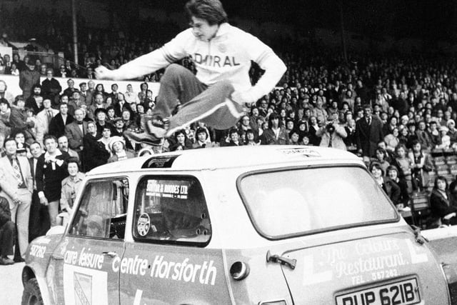 Duncan McKenzie's 'party piece' of leaping over a mini car was seen at Elland Road before the Paul Reaney testimonial game in May 1976.