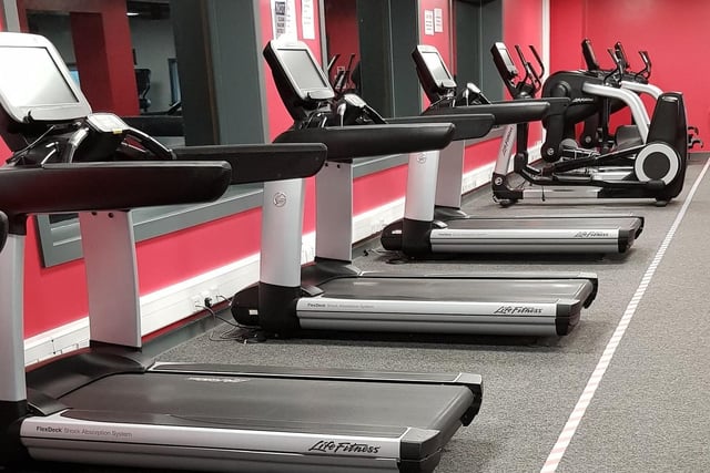 Treadmills and other gym equipment has been reconfigured to leave enough space for social distancing while working out.