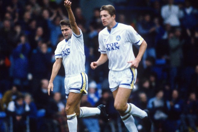Carl Shutt celebrates scoring against the Saints at Elland Road. Chris Fairclough scored the other goal for the Whites that day.