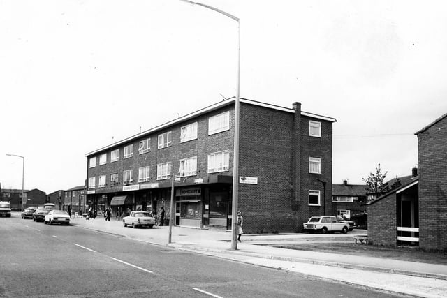 The parade of shops on Upper Town Street in May 1979 including F.Moss, fish and chips, Hopecroft Turf Accountants, Severn Sports, and B.Field. On the right is the junction with Bell Road.