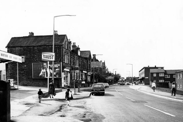 Upper Town Street, looking north-west in May 1979. On the left is a garage then a row of shops including Severn Sports.