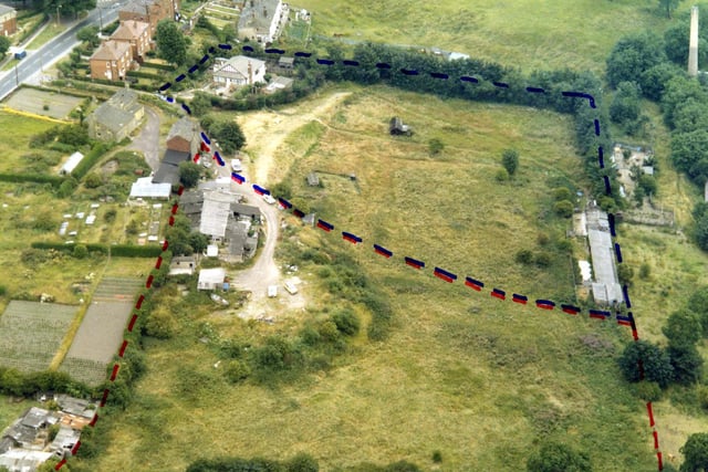 An aerial view of the Fortress Kennels on Rock Lane off Rodley Lane in July 1979. This image was taken for a planning application.