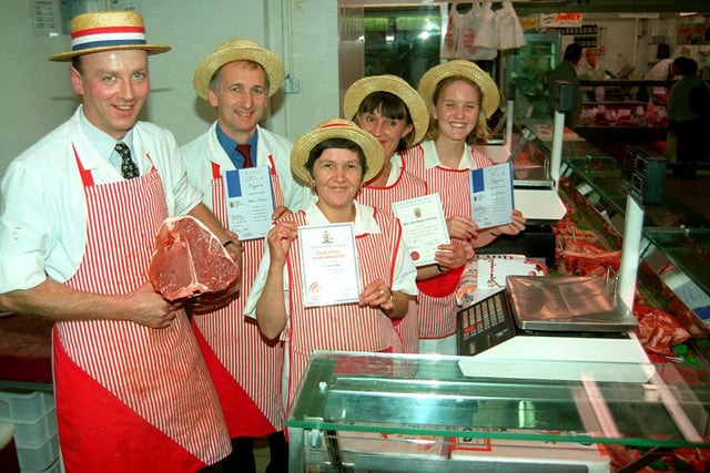 Master Butcher Richard Bamber, with Manager, Richard Heague and staff, Olive Brown, Iris Fox and Lucy Cottam at the shop in Preston Market 1998