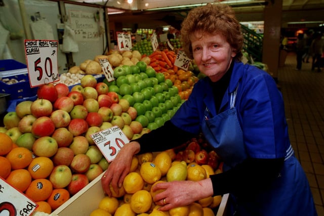 Preston Market Chairman Kath Ball on her stall in 1996