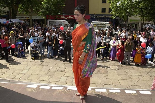 One of the models on the cat walk during the fashion show on the Flag Market, Preston, part of the Mela festivities 2000