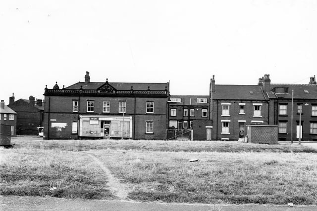 Hardy Street from the former Stewart Place in August 1983. The two areas of grass were once the site of red brick streets Ellis Place and Stewart Place, foreground.