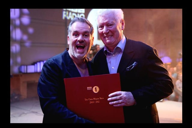Chris Moyles and Roy Walker as Moyles hosted his penultimate breakfast slot in front of 200-plus listeners at the BBC's Radio Theatre