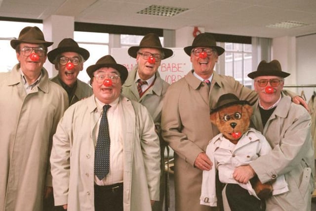 L-R. TED RODGERS, TOM O'CONNER, EDDIE LARGE, NICOLAS PARSONS, ROY WALKER, NOOKIE BEAR and ROGER De COURCEY.
The BBC present a specially recorded episode of 'EastEnders' with special guest stars to be shown on Red Nose Day.