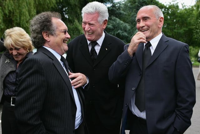 Bobby Ball, Roy Walker and Tommy Cannon share a joke before comedian Bernard Manning's funeral  on June 26, 2007 in Manchester