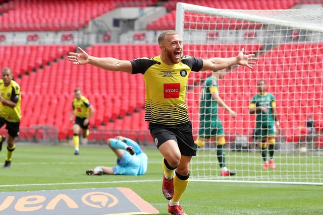 Harrogate Town's George Thomson celebrates after giving Harrogate Town the lead against Notts County at Wembley. All pictures: Getty Images