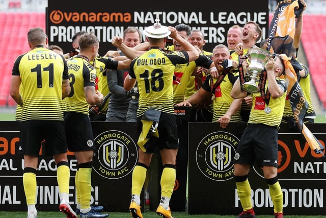 Joyous scenes on the Wembley turf as Harrogate Town players celebrate their 3-1 victory in the National League Promotion Final.