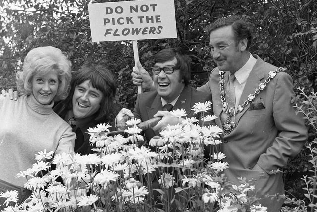 Somebody had forgotten to read the small print of Blackpool Corporation's by-laws when Granada TV decided to film a scene for their new comedy programme These Two Fellers in the resort's Stanley Gardens. Comedians Duggie Brown and Frank Carson were thwarted when it was realised they wouldn't be able to pick flowers. But Coun. Edmund and the Hon. Mrs Nancy Wynne, Blackpool's Mayor and Mayoress came to the rescue and allowed them to film in their garden