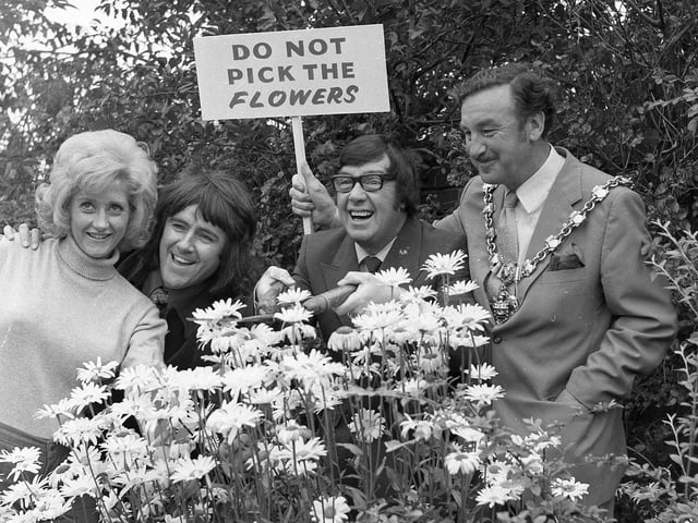 Somebody had forgotten to read the small print of Blackpool Corporation's by-laws when Granada TV decided to film a scene for their new comedy programme These Two Fellers in the resort's Stanley Gardens. Comedians Duggie Brown and Frank Carson were thwarted when it was realised they wouldn't be able to pick flowers. But Coun. Edmund and the Hon. Mrs Nancy Wynne, Blackpool's Mayor and Mayoress came to the rescue and allowed them to film in their garden