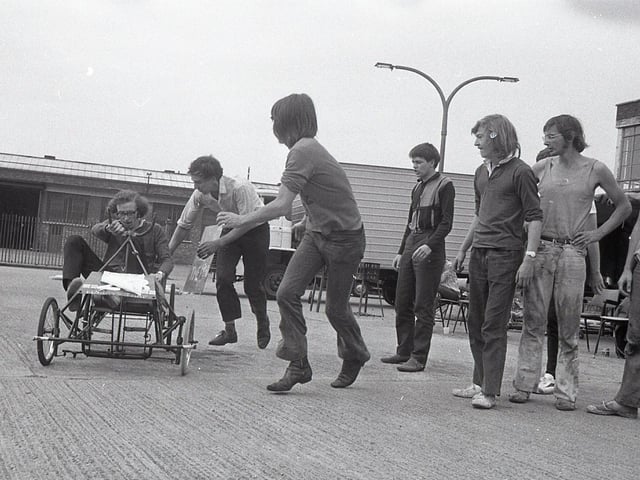 It was an evening when Leyland apprentices began their gruelling 48-hour "Farington 500" - pedal car marathon. Before them - 500 miles of hard tarmac and at the end of it all 500 for charity and a world record. Pictured above are some of the competitors