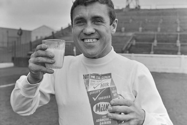 Bobby Collins pictured shooting a milk commercial in his Leeds United kit. (Varley Picture Agency)