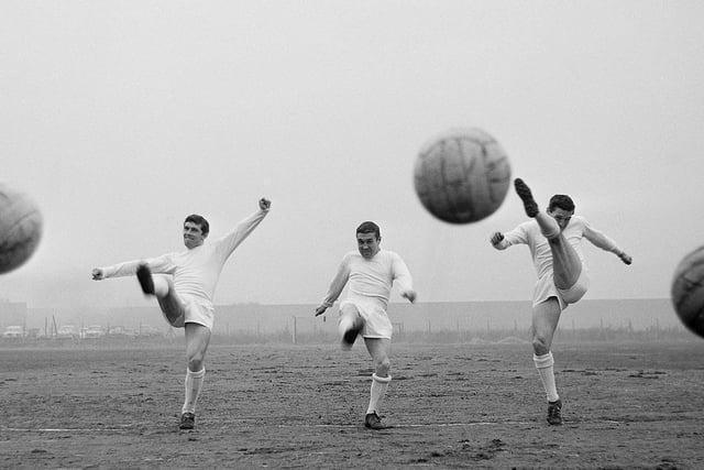 Bobby Collins, Johnny Giles and Don Weston are pictured in their full kits. (Varley Picture Agency)