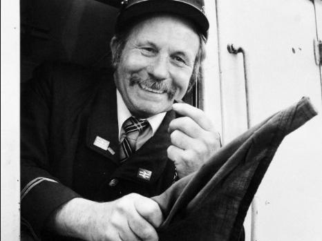 Frank Jones, a train guard at Leeds city station. Leeds, 4th October 1977
