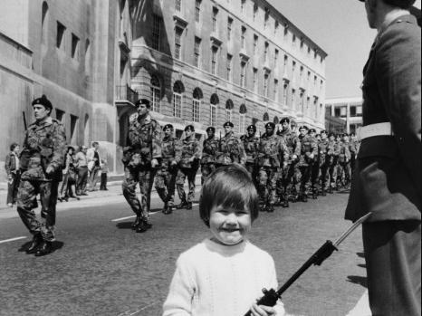 Four year old Robert Lee of Dib Lane, Seacroft, took along his own toy rifle and bayonet when he went to watch his dad, Private Robert Lee of C (Leeds Rifles) Company 2nd Battalion Yorkshire Volunteers in the Silver Jubilee Parade. Leeds, 20th May 1977