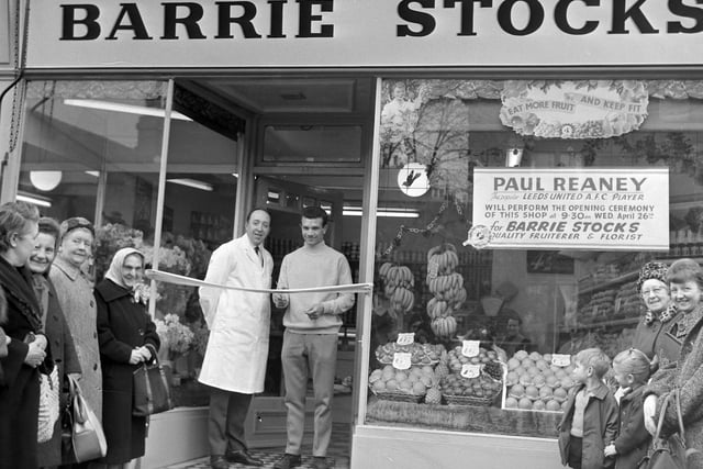Paul Reaney took time out from training to open fruiterer and florist Barry Stocks shop in April 1967.