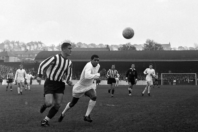 Albert Johanneson in action against Sunderland in an FA Cup fifth round replay at Elland Road. The game finished 1-1 after extra time with John Giles scoring for the Whites.