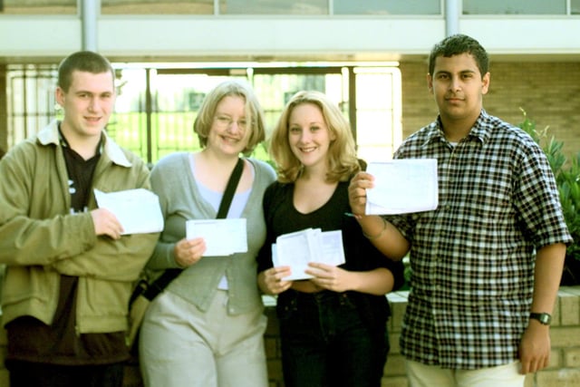 Abbey Grange C of E High School pupils with their GCSE results in August 1999. Left to right Colin Sinclair, Heather Coxall, Emma Riggs and Amardeep Singh Birdi.
