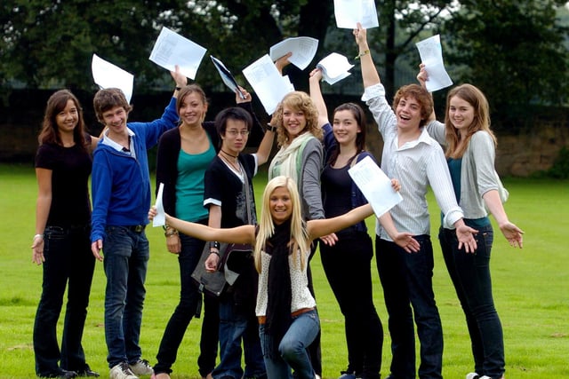 Roundhay School pupils celebrate in August 2008. Pictured Louise Pickett, John Turner, Anna Fawcett, Henry Lee Heather, Emliy Chitty, Ruth Bader, Robbie Foulston, Harriet Rumgate and Heather Mitchell. They gained 11/10 A*s or A grades each.