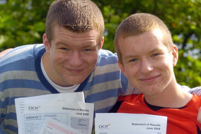 The Barker twins Simon (6A*'s 5A's) and Matthew (1A* 9A's) celebrate their GCSE results at Horsforth School in August 2008.