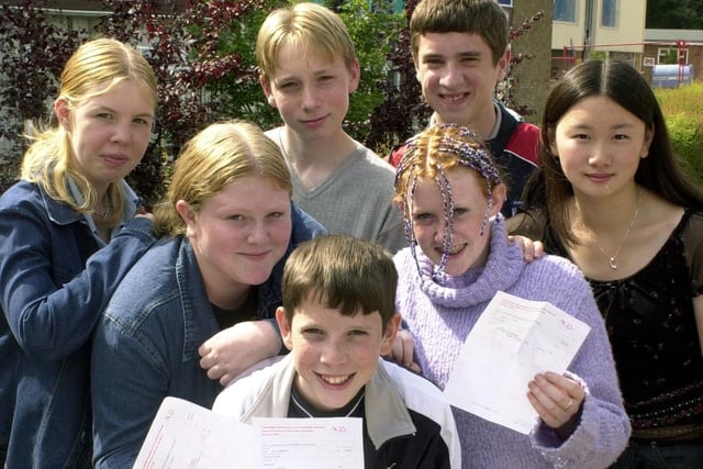 John Smeaton pupils on GCSE results day in August 2002. Pictured are Emma Lacy, Caroline Townend, Luke Sambridge, David Harling, Jen Rayner Wayne Barrett and Stephanie Hui.