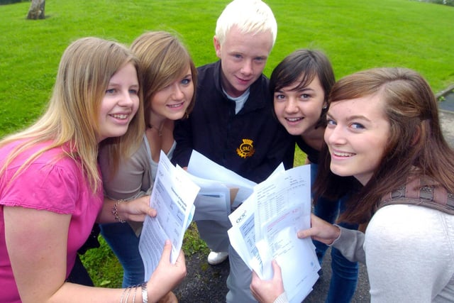Horsforth School pupils in August 2008. Left to right are Emma Stoyles (5A*'s 6A's), Ruth Jeavons (4A*'s 7 A's), Josh O'Hara (2A8's 8A's), Alice Shelton (2A*'s 8A's 1B), and Emily Holdworth (10A*'s 1A).
