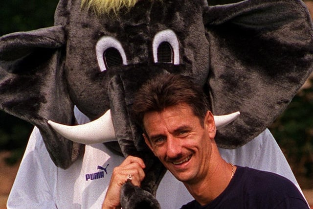 Leeds United unveiled a new club mascot - Ellie the Elephant, pictured here with striker Ian Rush.