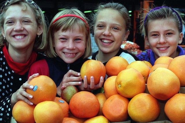 Children from Chernobyl who were given a gift of fruit at Leeds wholesale market. From left Olga Markova, Tatyana Malynova, Elena Gorbachova and Tatyana Germanova.