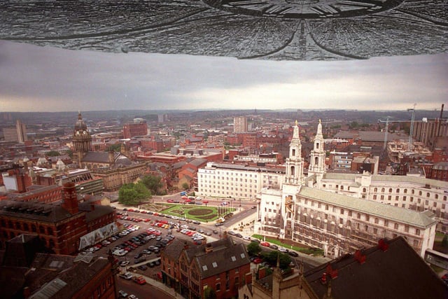 This is what the giant alien spaceship from the film blockbuster Independence Day might look like over Leeds Civic Hall, thanks to computer wizardary. The film was  being shown locally up to 16 times a day.