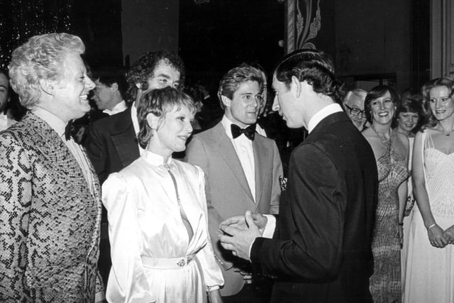 PRINCE CHARLES met the stars of the show. Behind Petula Clark is Blackpool comedian Lenny Bennett and on her right Danny La Rue