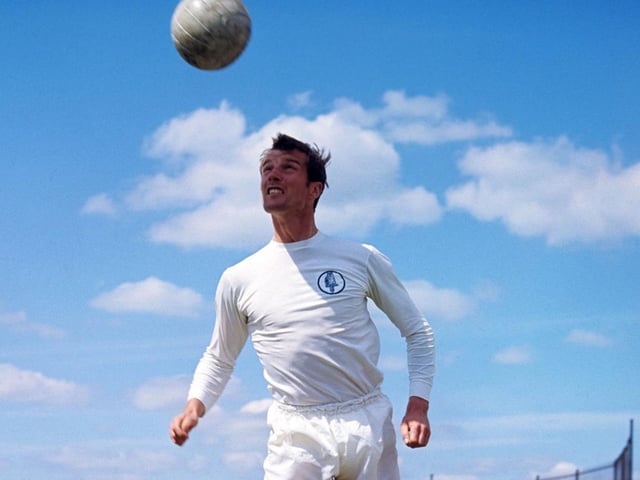 Paul Madeley heads the ball during a pre-season photocall in August 1969.