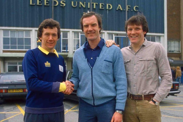 Trevor Cherry and Eddie Gray say farewell to Paul Madeley after he retired in 1980.