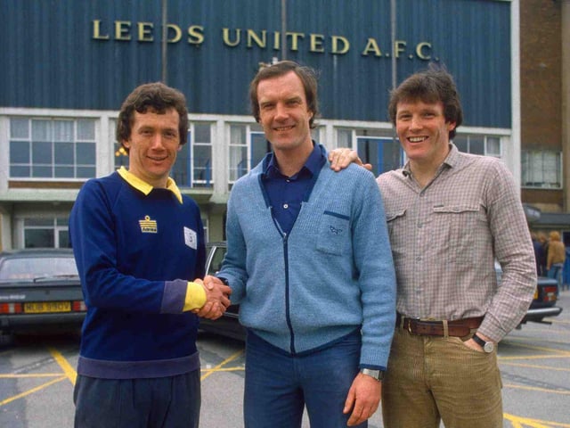 Trevor Cherry and Eddie Gray say farewell to Paul Madeley after he retired in 1980.